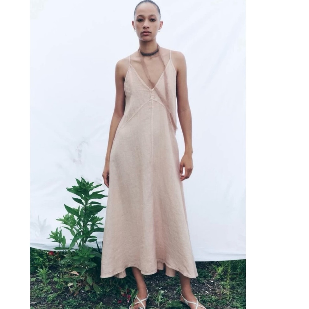 NWT Zara 100% Linen Strappy Dress Dusty Pink Size XSmall